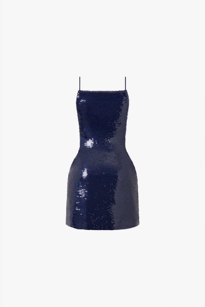 A navy blue sequins mini dress, adorned with and daring lace-up back design.