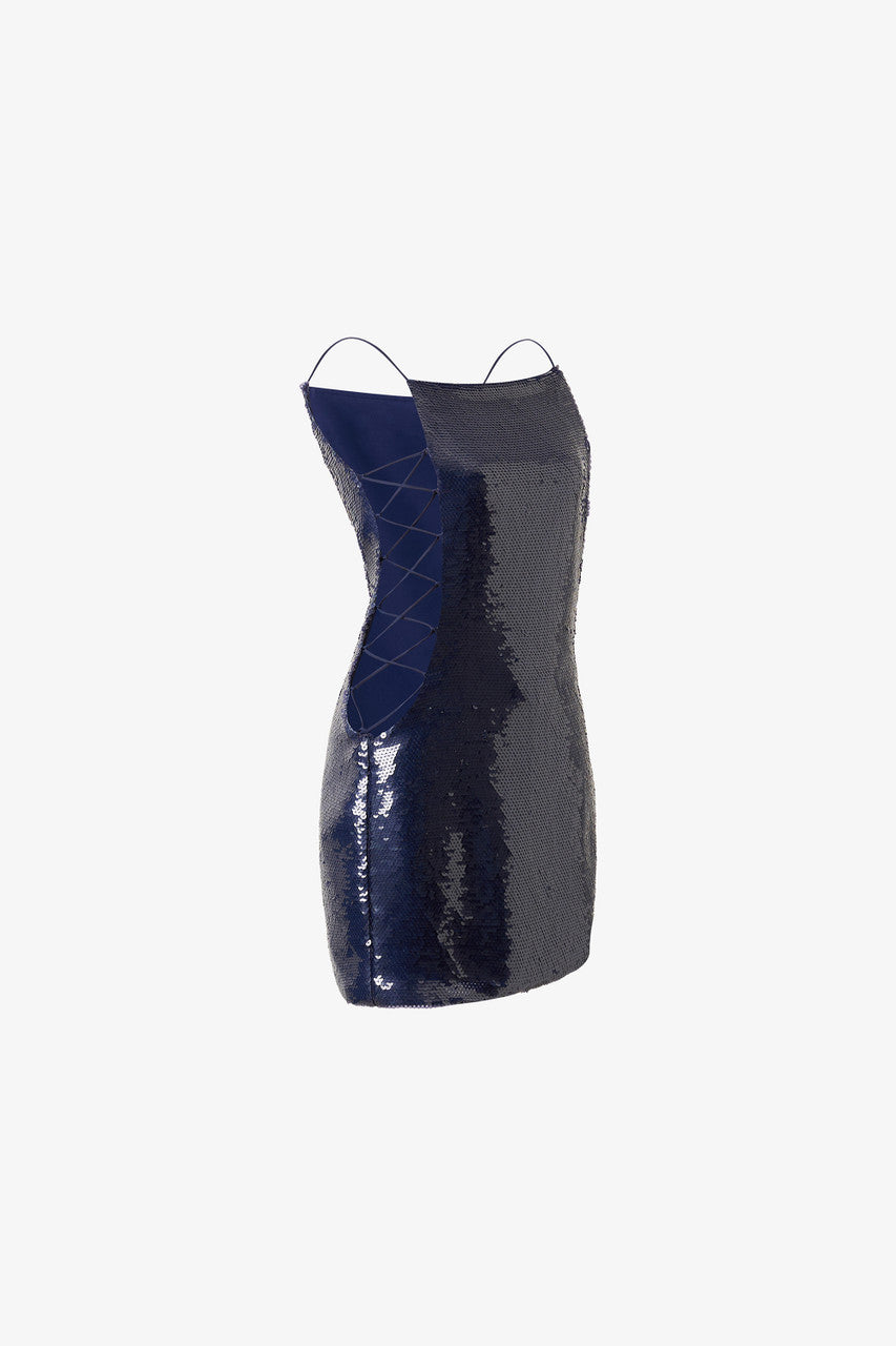 A navy blue sequins mini dress, adorned with and daring lace-up back design.