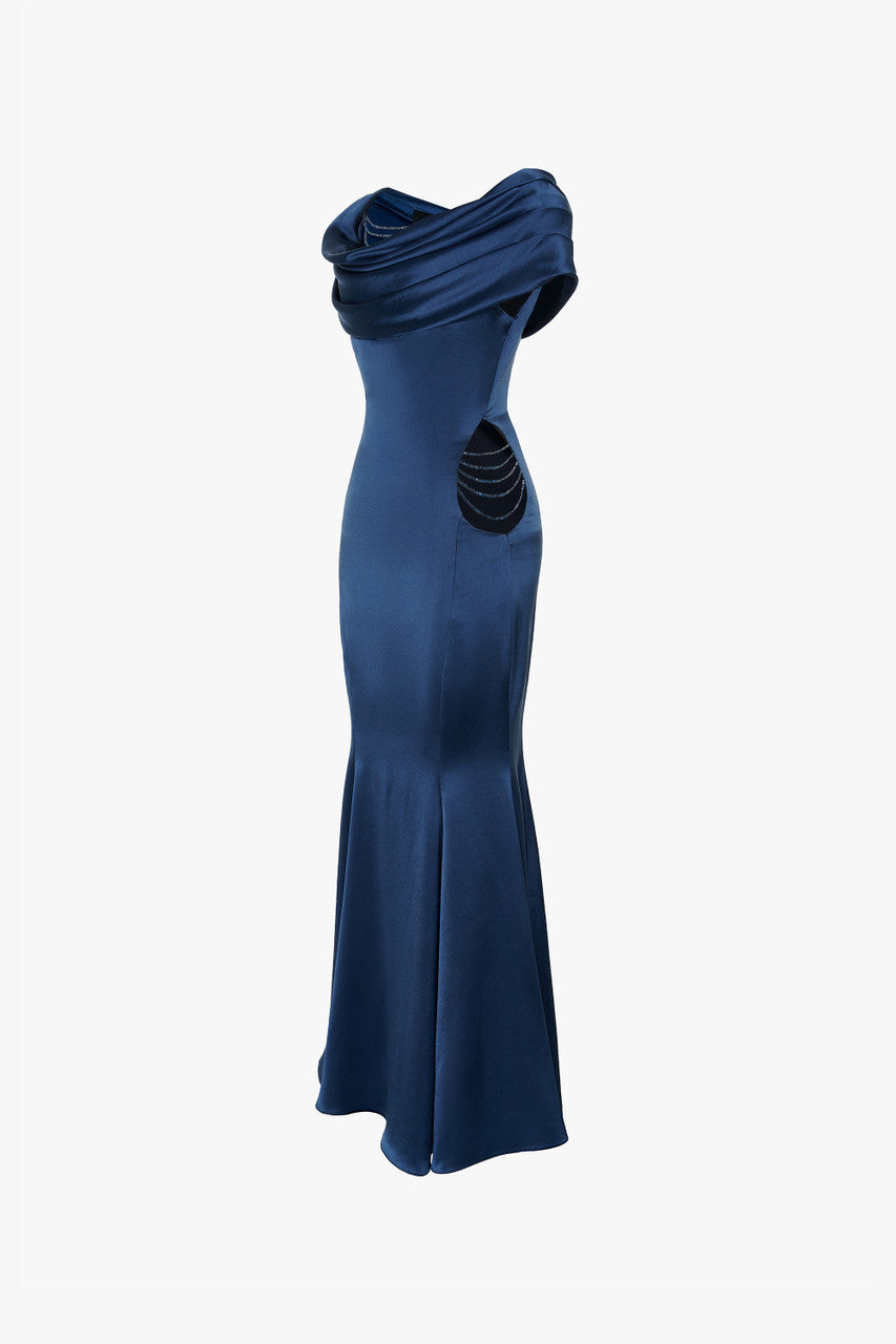 Navy silk maxi dress with a draped neckline and wide-shoulder short sleeves, cutouts on the both sides.