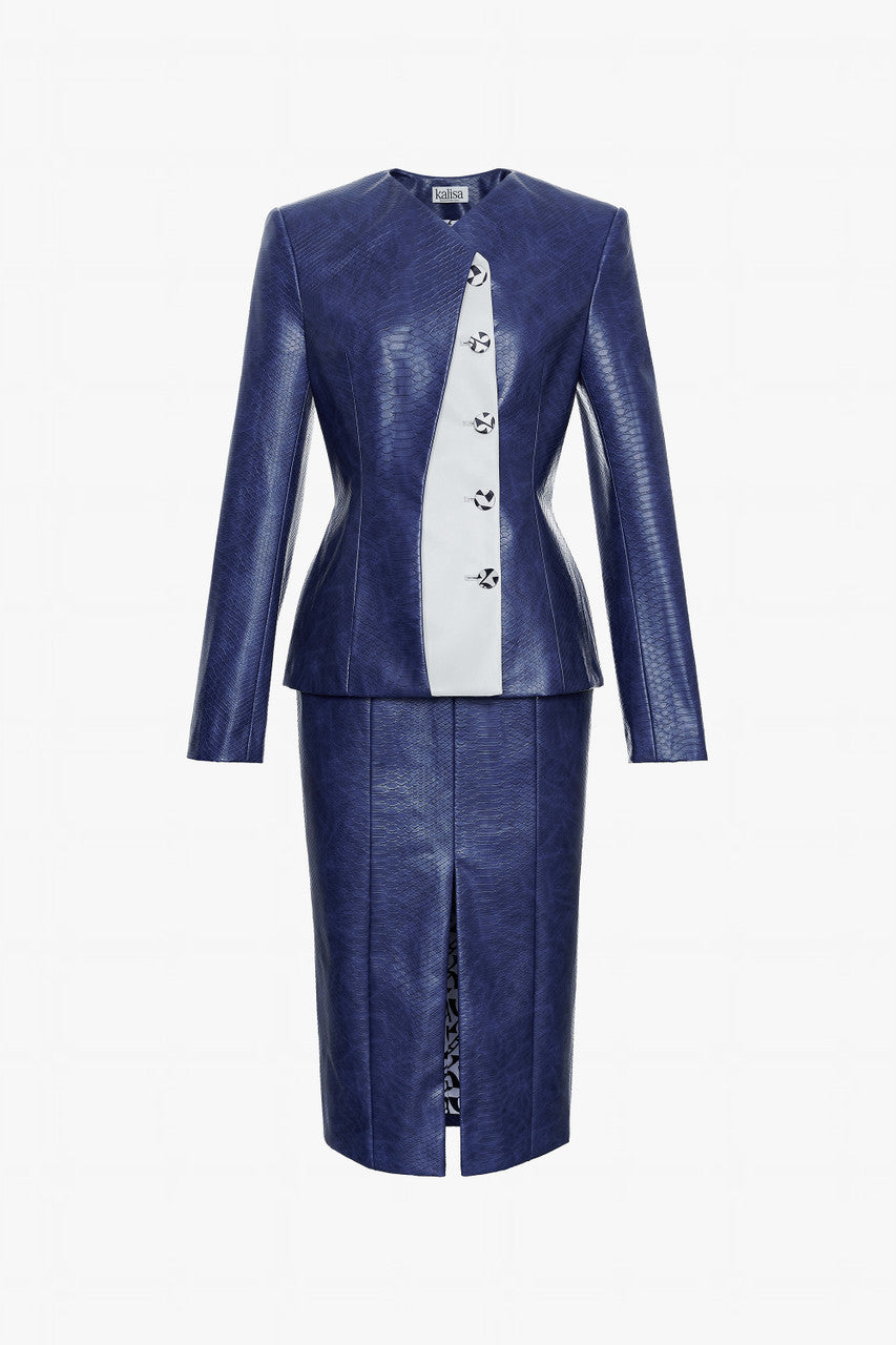 A navy set in crocodile-patterned leather, featuring a structured jacket and a pencil skirt.