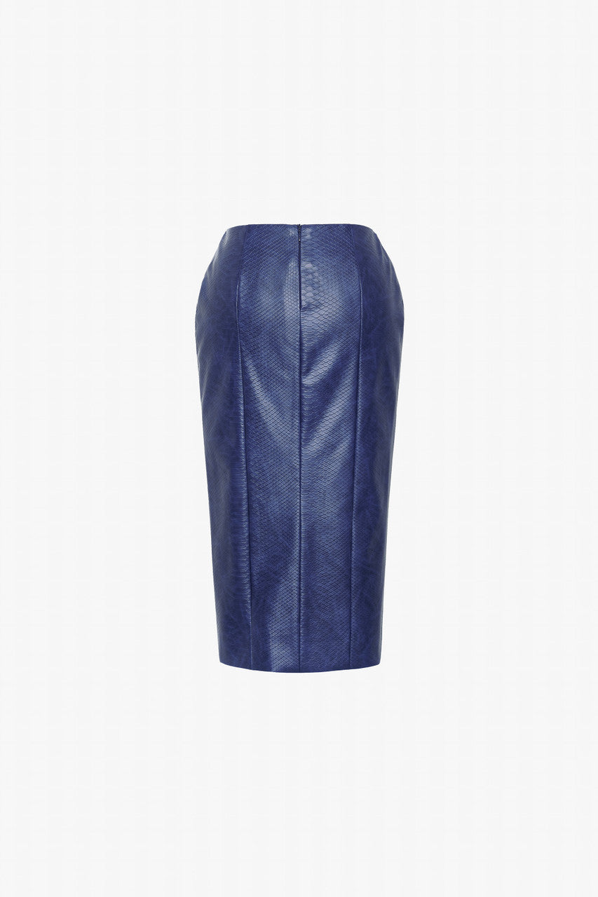 A navy set in crocodile-patterned leather, featuring a structured jacket and a pencil skirt.