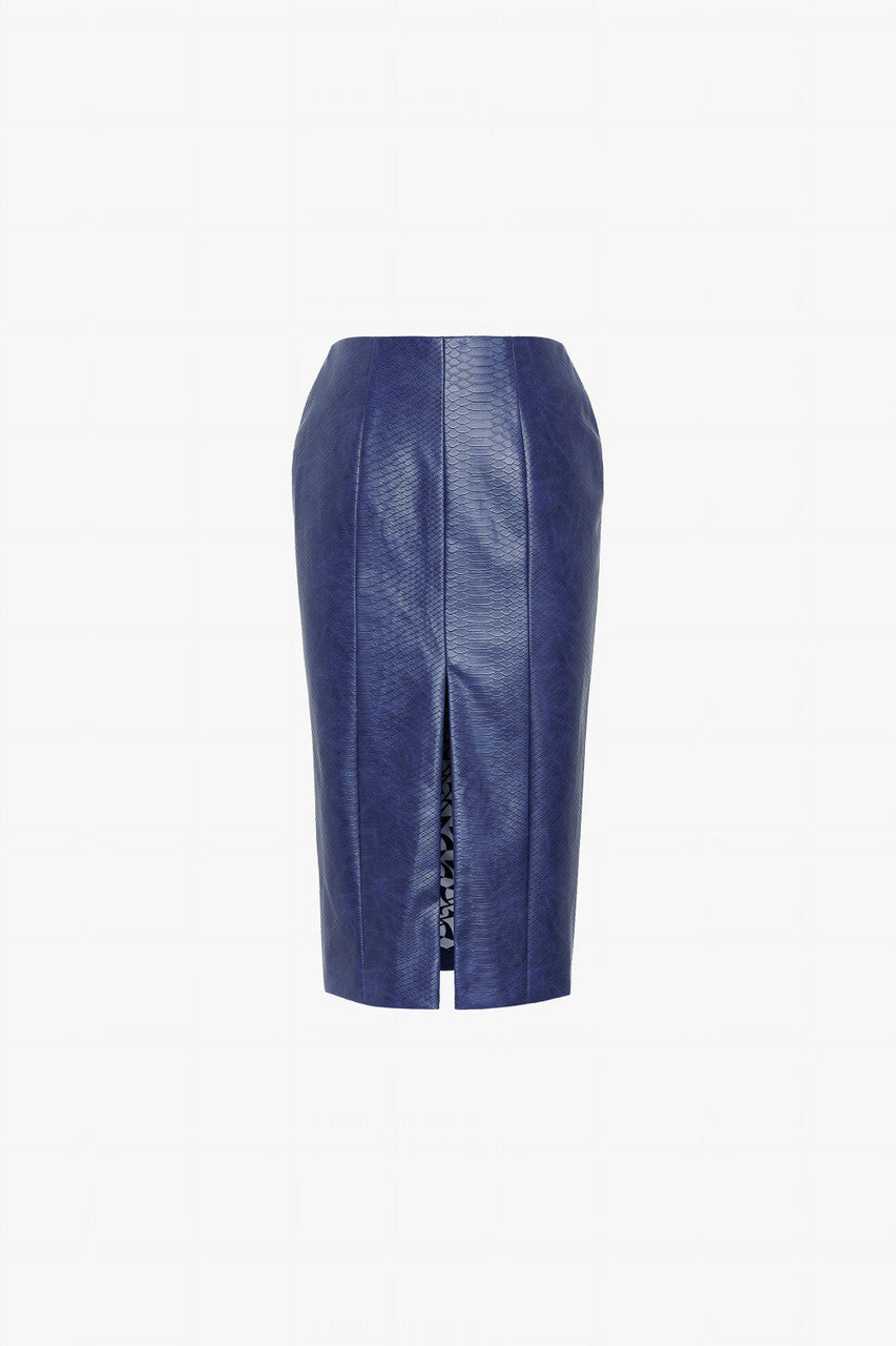 A navy set in crocodile-patterned leather, featuring a structured jacket and a pencil skirt.