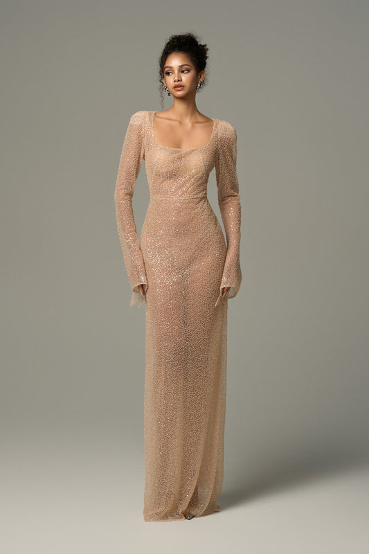 Nude Body Hugging Maxi Dress is crafted from luxury beaded mesh.