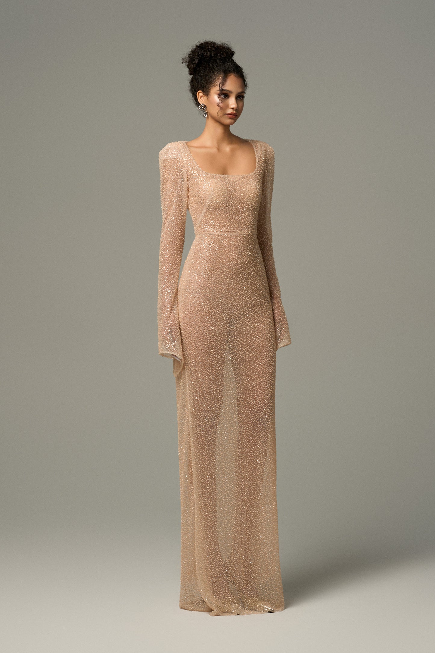 Nude Body Hugging Maxi Dress is crafted from luxury beaded mesh.