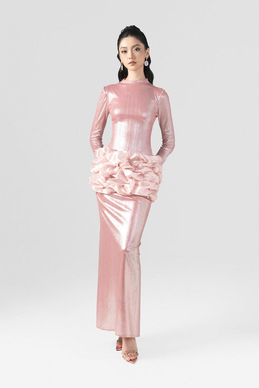 Pink maxi dress in metallic pinstripe spandex with puffy organza details.