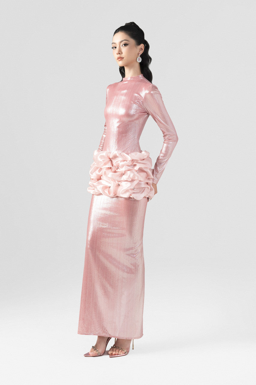 Pink maxi dress in metallic pinstripe spandex with puffy organza details.