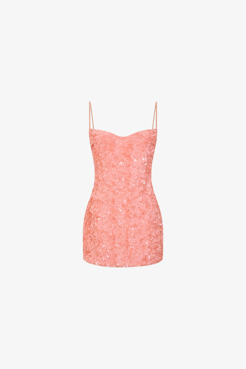 The pink mini dress made with dazzling sequin fabric and crystal-embellished spaghetti straps.