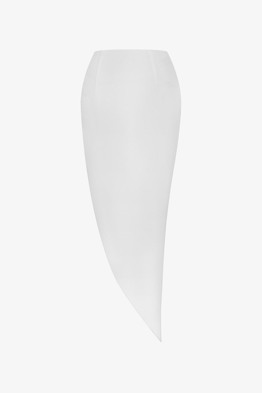 The white organza set, featuring an off-shoulder corset top and a asymmetrical silk skirt with diagonal cut.