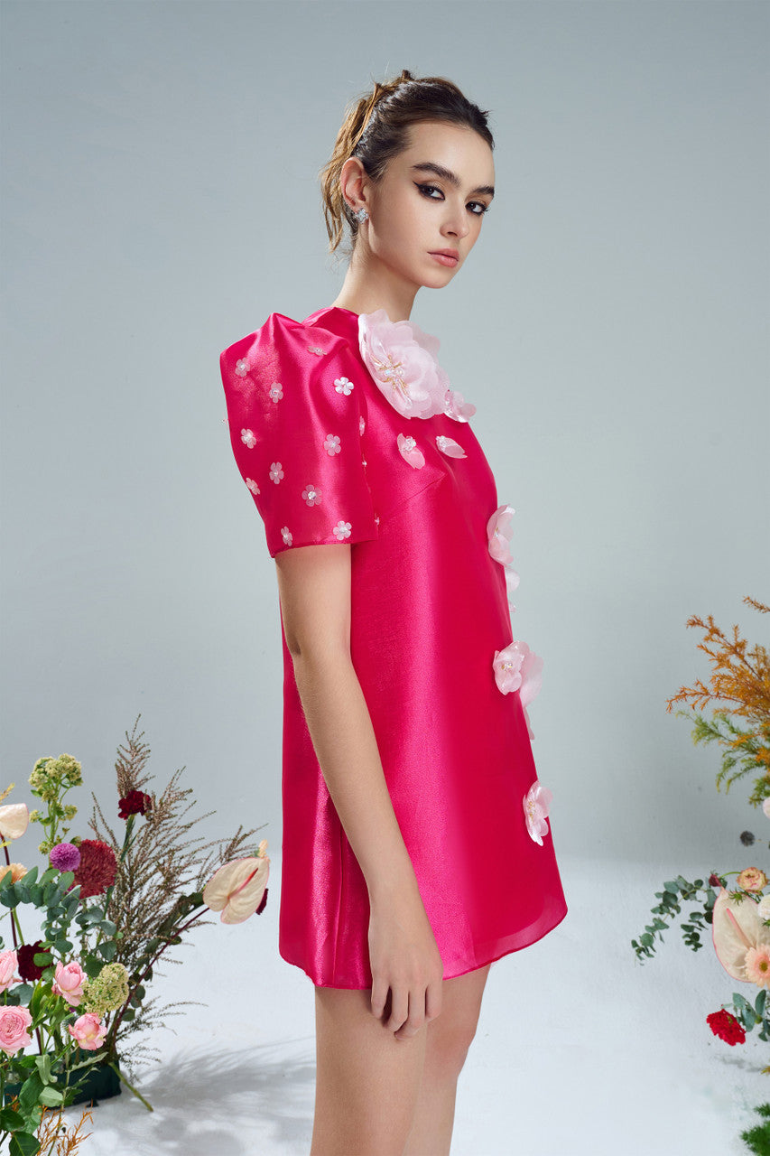 Pink mini dress in organza with A-line shape, puffed sleeves, and floral embellishments.