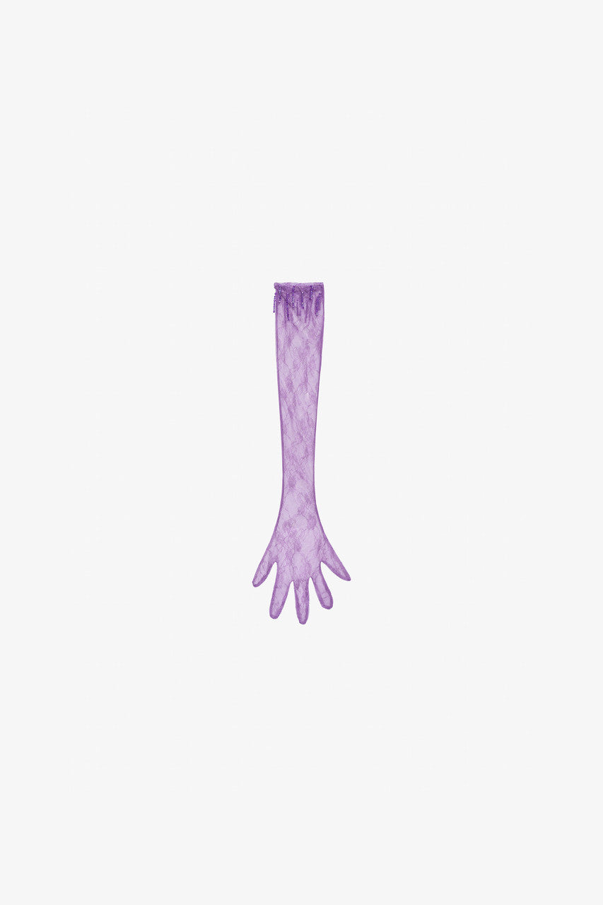The purple sequins maxi dress with halter neckline, mermaid-style skirt, and matching lace gloves.