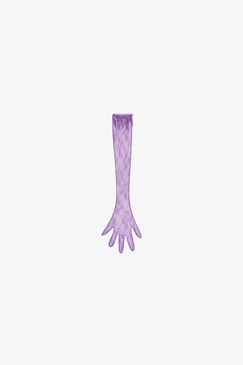 The purple sequins maxi dress with halter neckline, mermaid-style skirt, and matching lace gloves.
