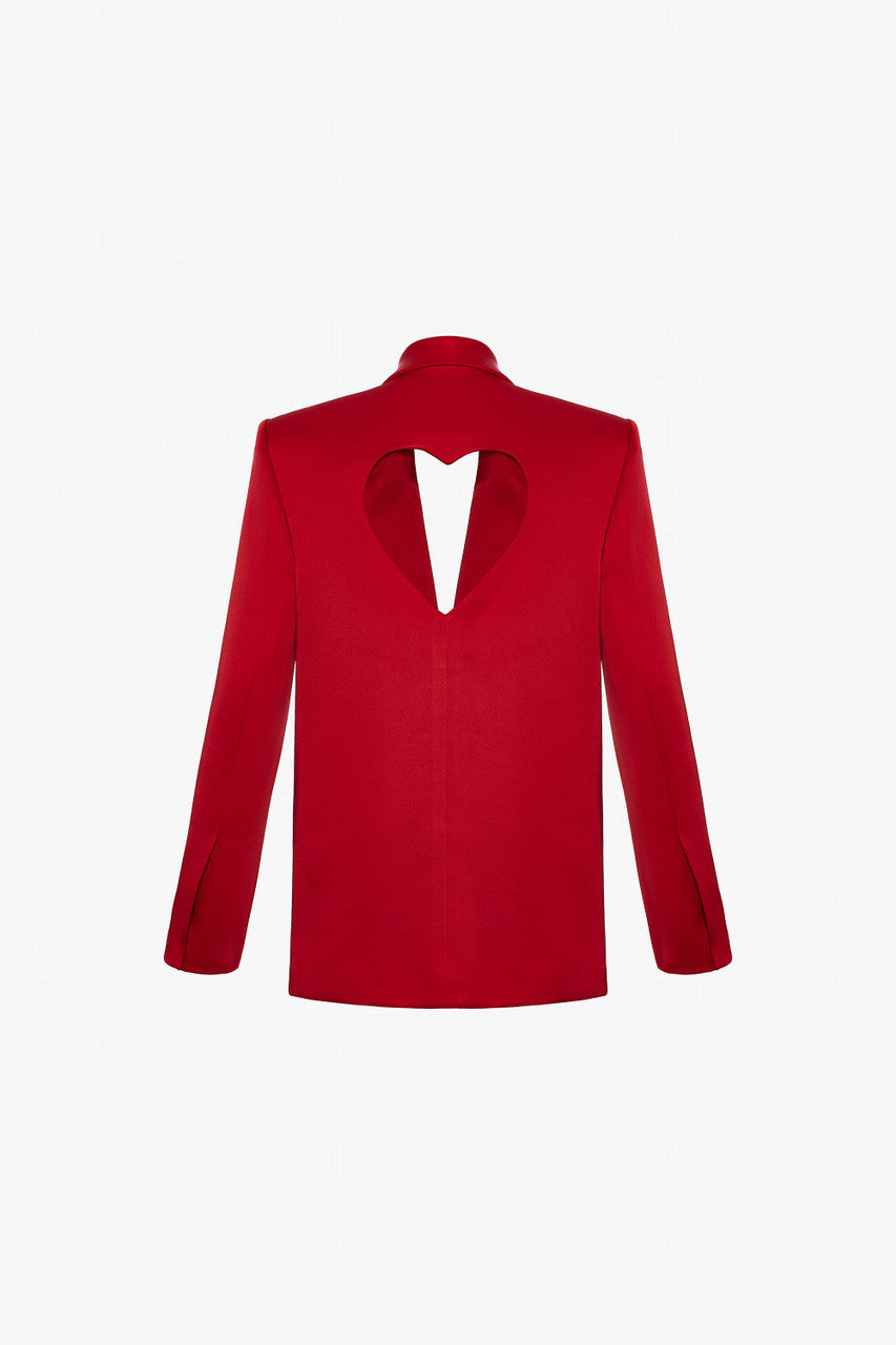a red blazer in taffeta with a relaxed fi, heart-shaped pockets, and a heart-shaped cut-out at the back.