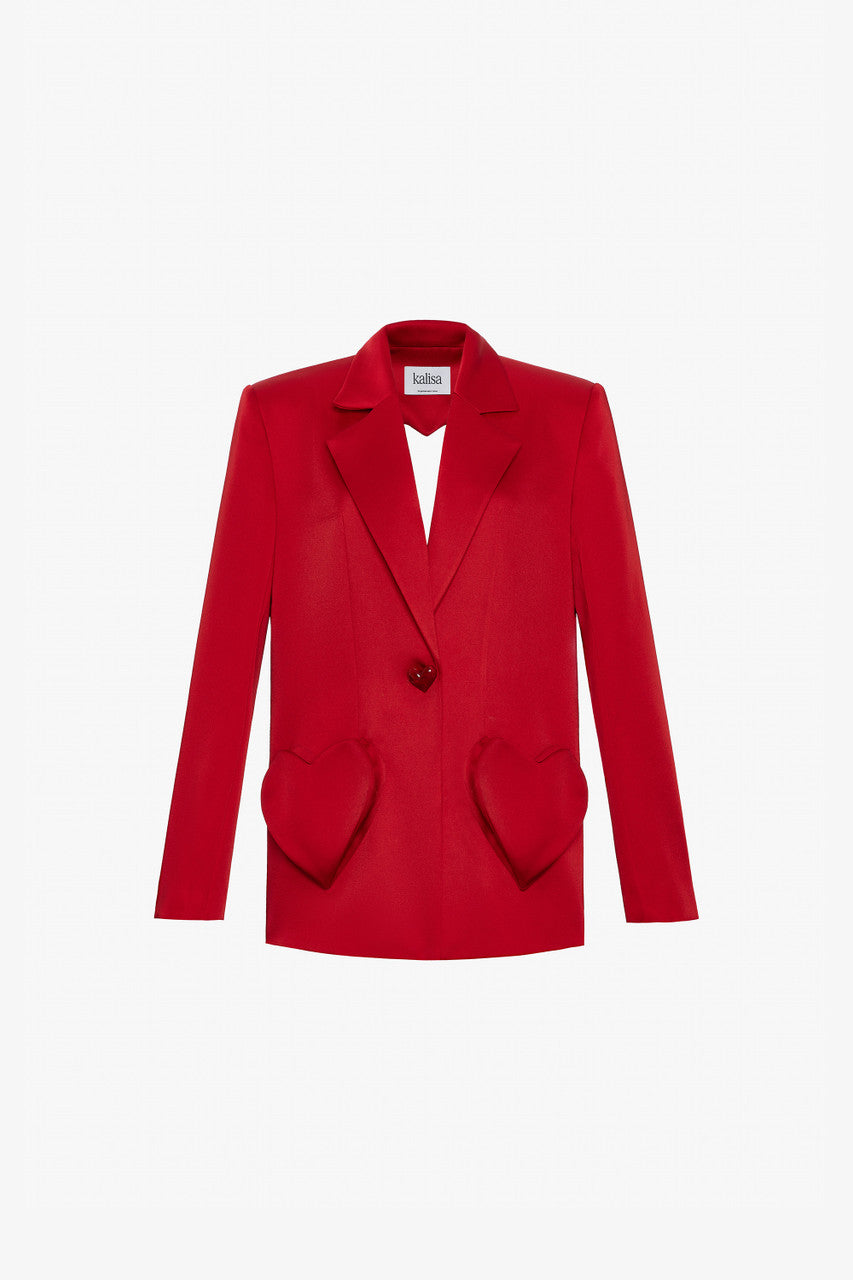 a red blazer in taffeta with a relaxed fi, heart-shaped pockets, and a heart-shaped cut-out at the back.