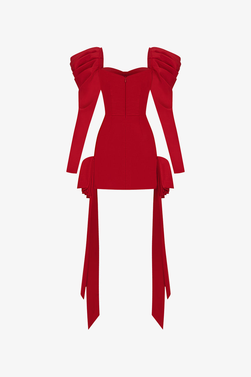 The red silk mini dress, with bust cup bodice, puffed sleeves and two crafted bows at the hips.