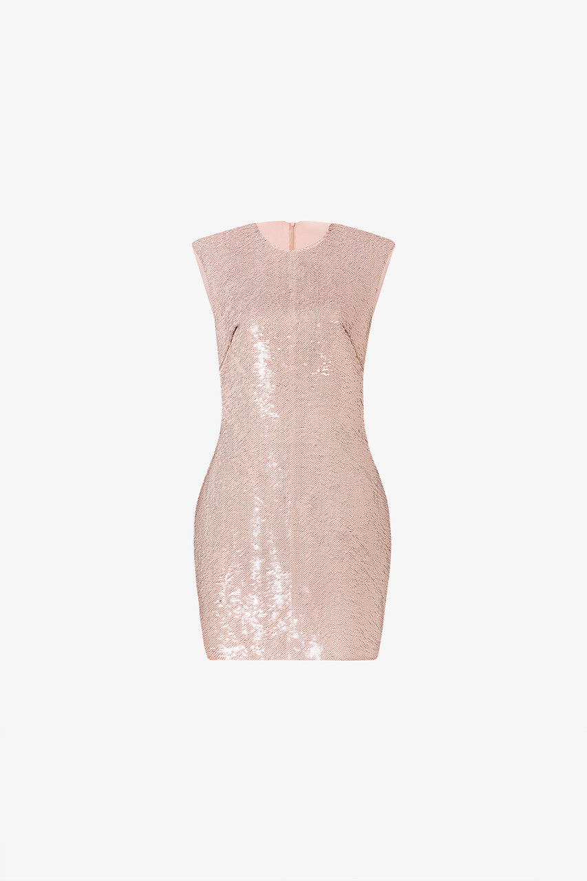 The pink dress in shimmering rose gold sequins, designed with high neckline, sleeveless and mini length.