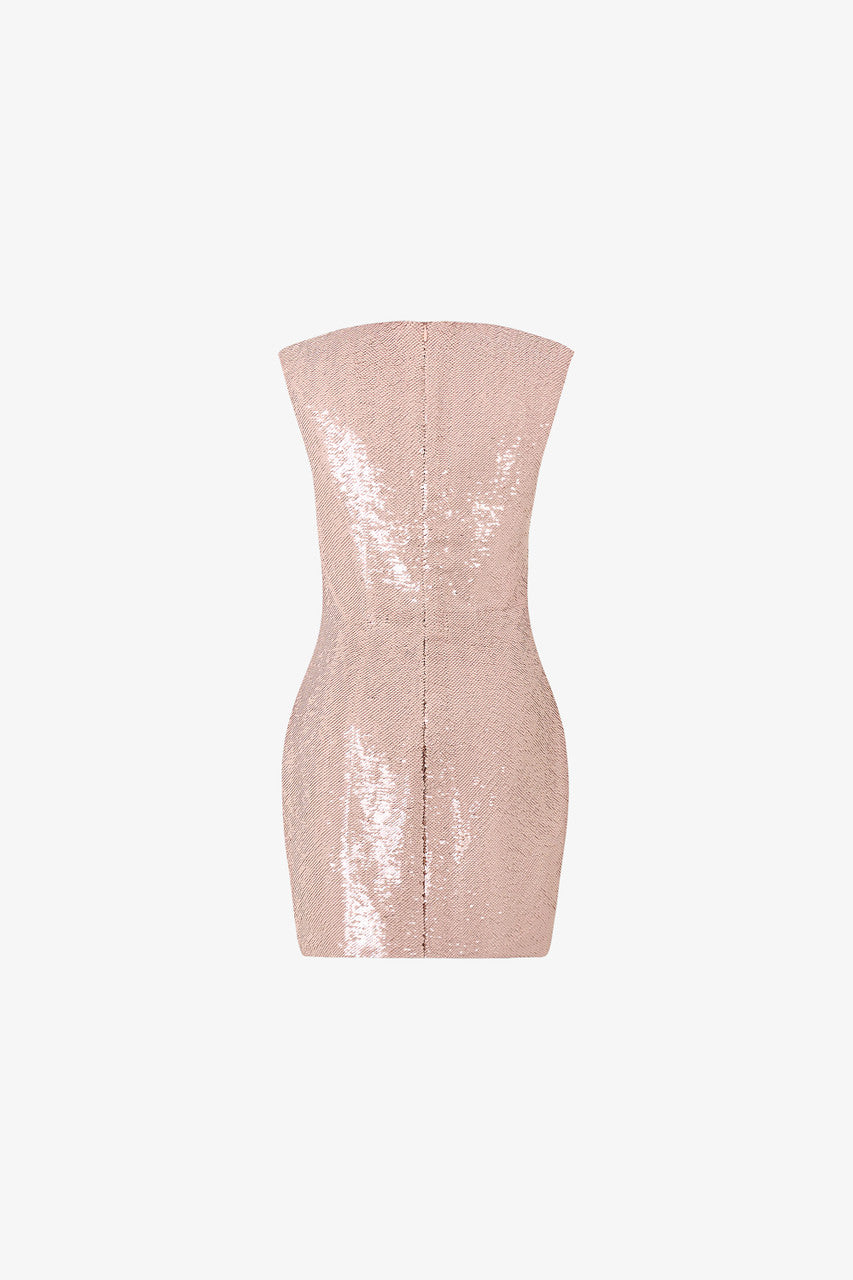 The pink dress in shimmering rose gold sequins, designed with high neckline, sleeveless and mini length.