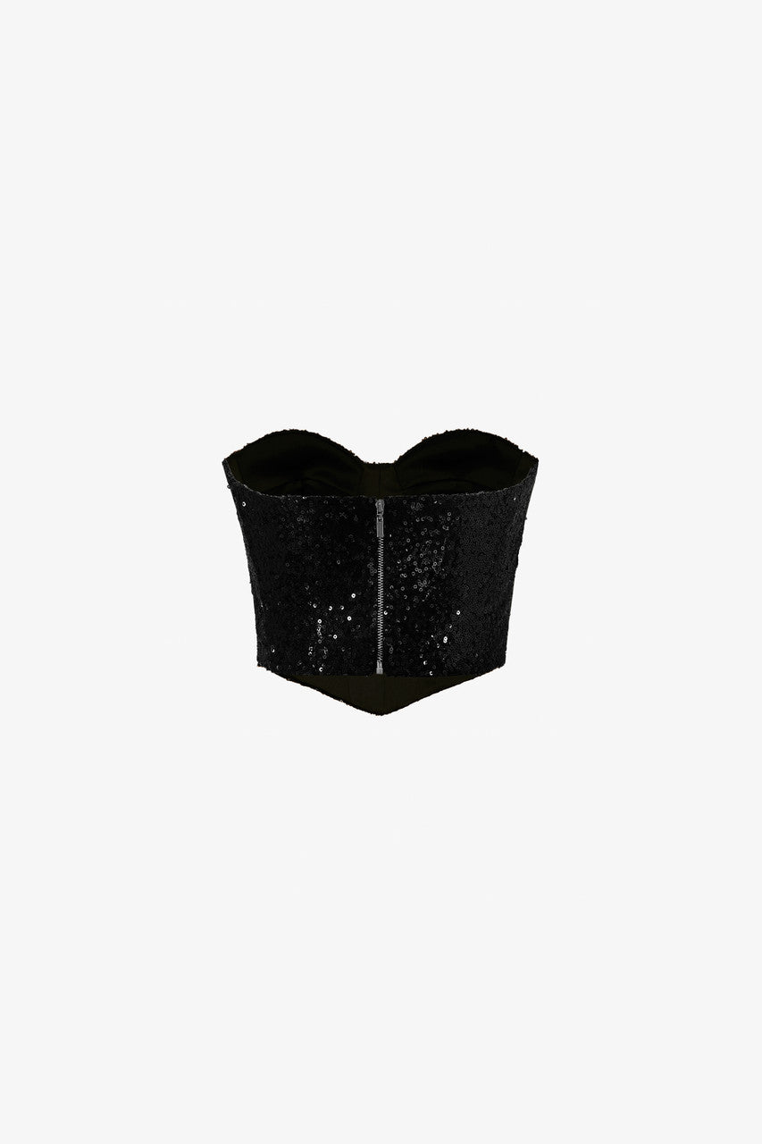 Black bustier top with shimmering sequins. Perfect for evening events and parties.