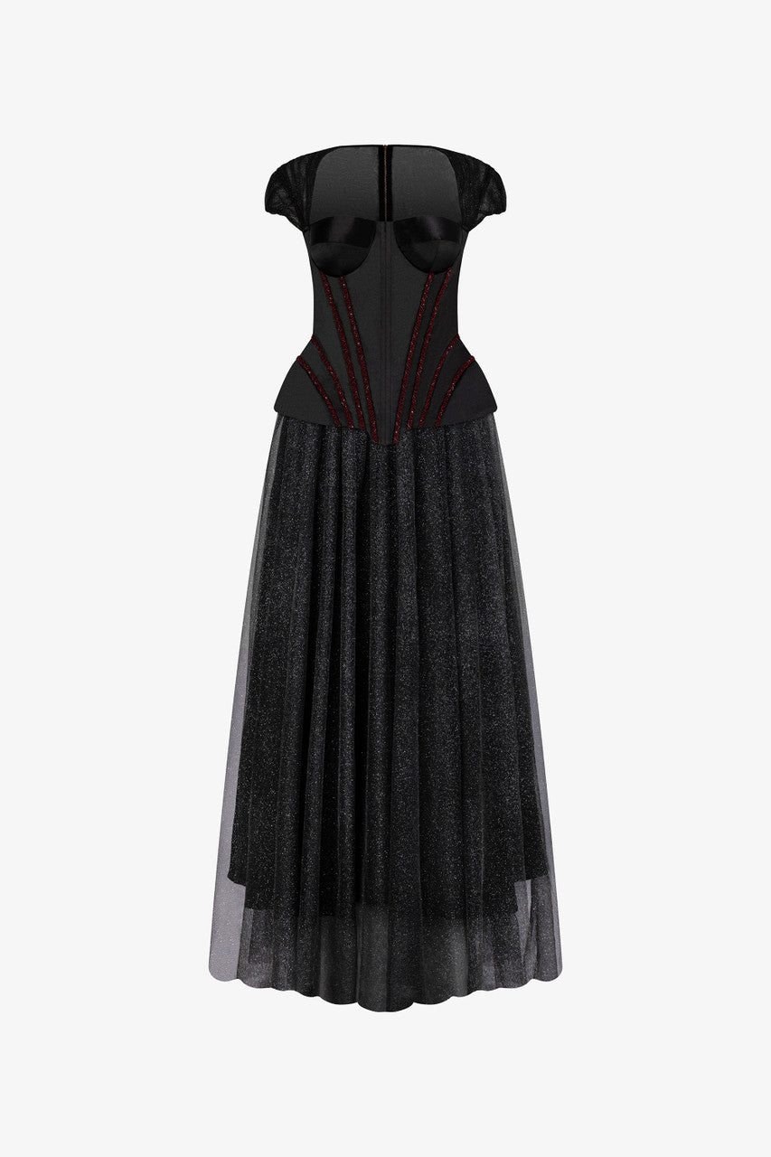 A black evening dress in sequin and taffeta, embellished with a rhinestone row at the waist.