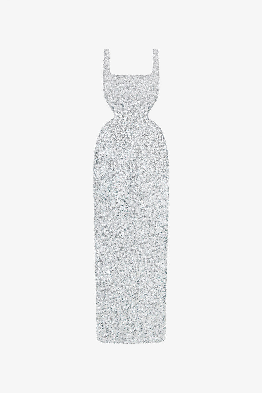 The white dress in dazzling sequins. Square neckline, subtle cut-outs, and flared pencil skirt.