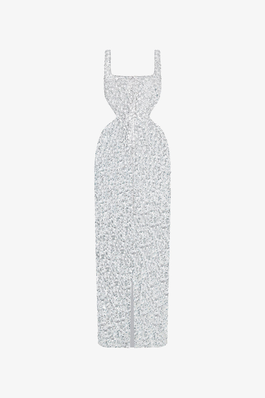 The white dress in dazzling sequins. Square neckline, subtle cut-outs, and flared pencil skirt.