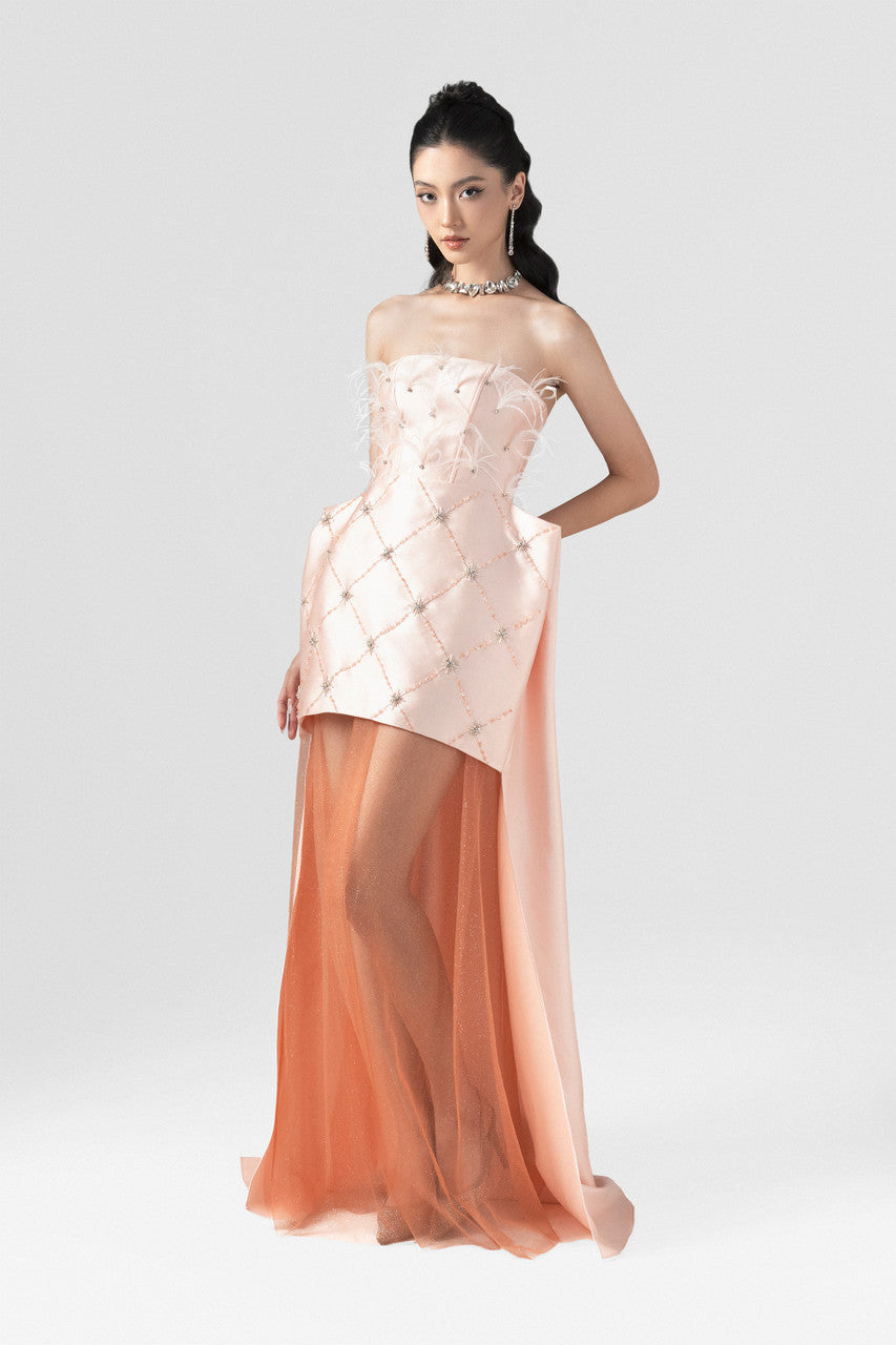 A pink maxi dress in taffeta, featuring a boxy design, feather and stone embellishments, and a floor-length sheer hem.