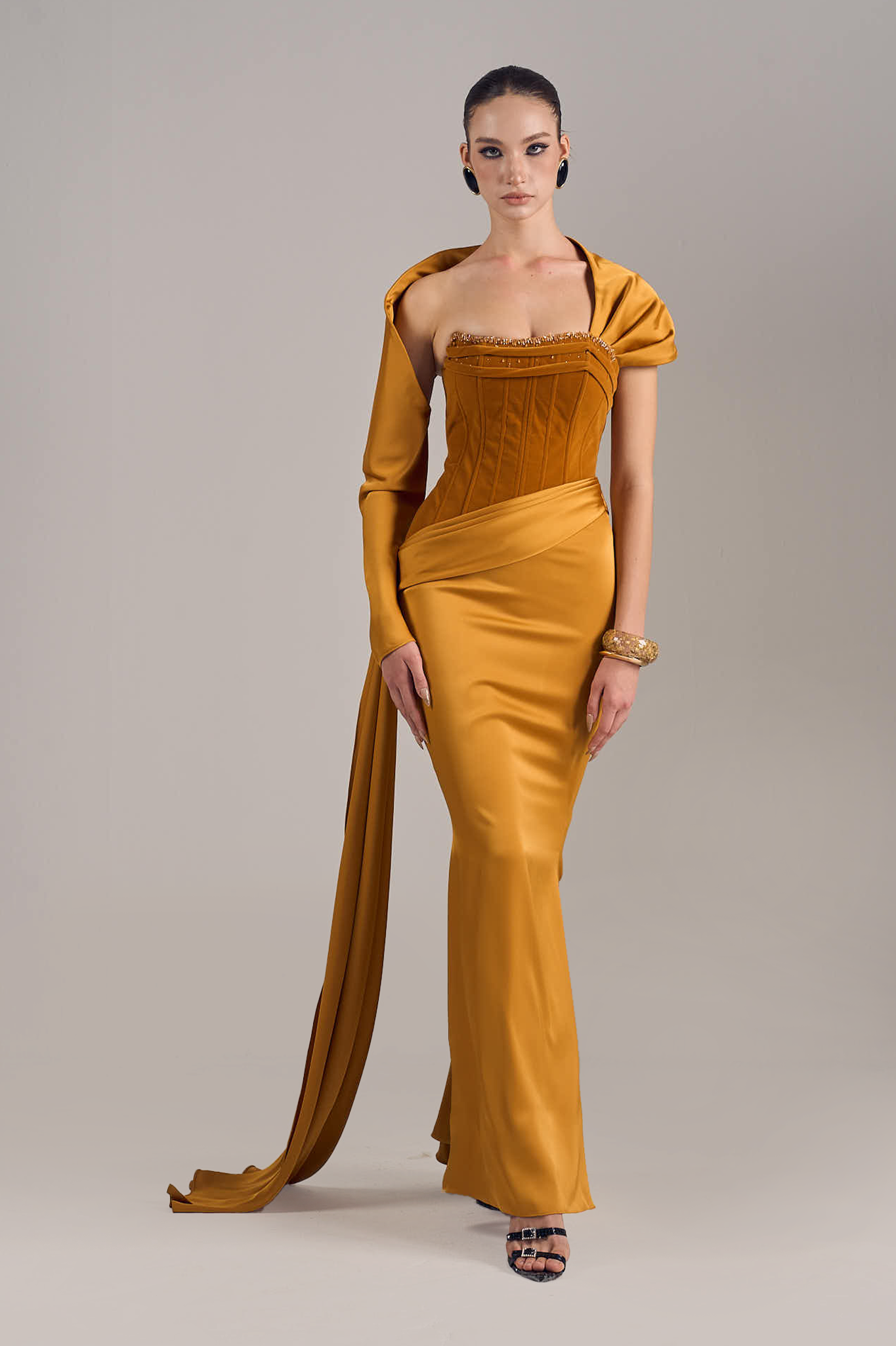 Julia Strapless Corset Maxi Dress With One Sleeve Draped Scarf