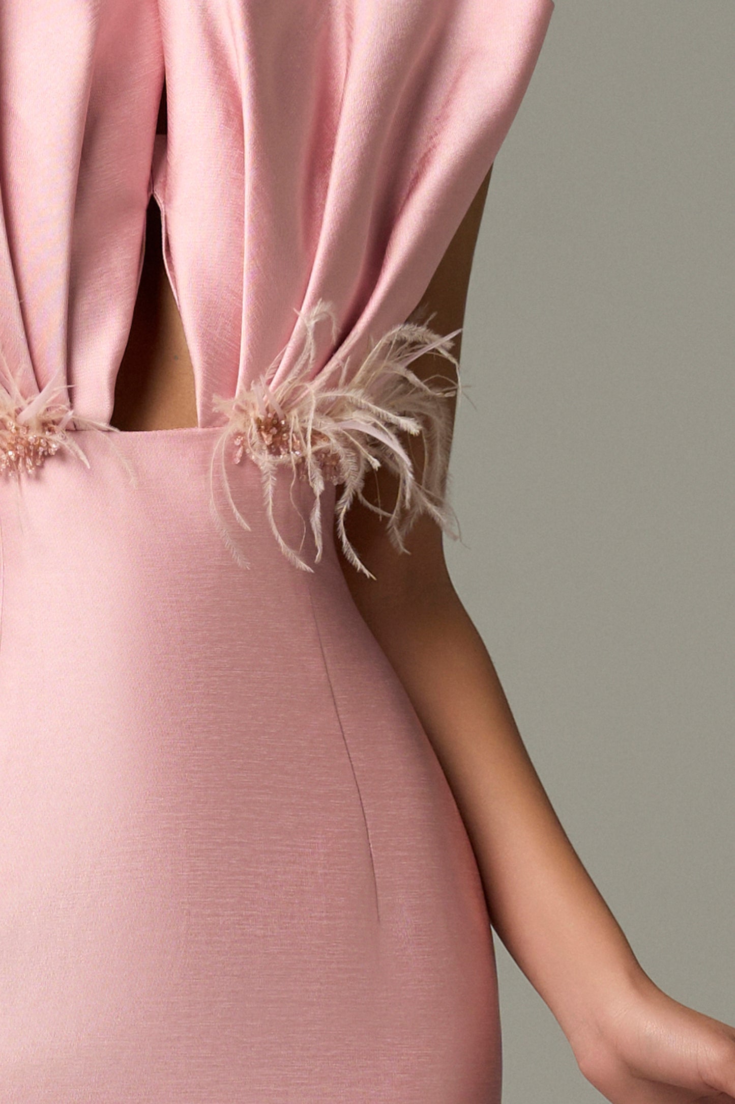 Pink Feather & Crystal Embellished Maxi Dress With Draped Bust Cup