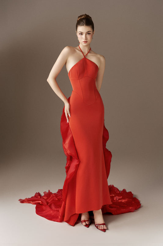 Phoenixia Halter Corset Gown With Cascading Flames