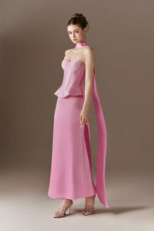 Calla Corset Peplum Maxi Dress With Neck Scarf