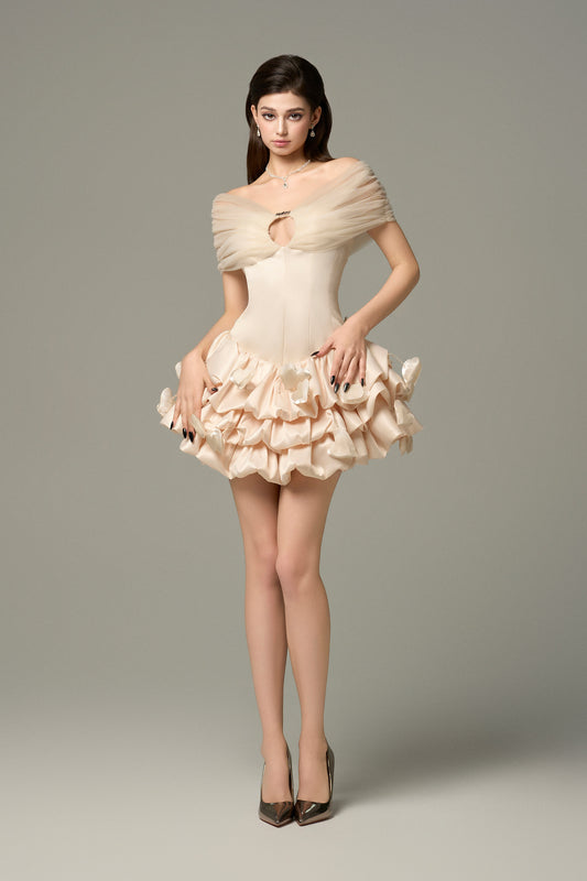 Cream silk mini dress with bodycon fit, bold cutout at bust and puffy skirt.