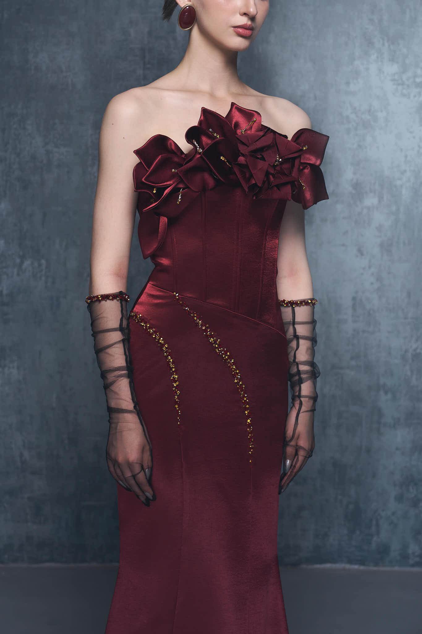 Merlot Bandeau 3D Floral Maxi Dress With Gloves