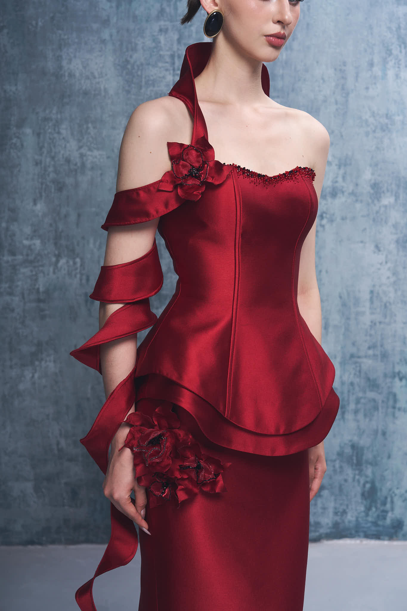 Juliet Strapless 3D Floral Peplum Maxi Dress With Spiral Sleeve Set