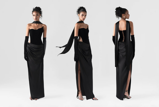 The black maxi dress, featured a matching silk scarf and gloves. 