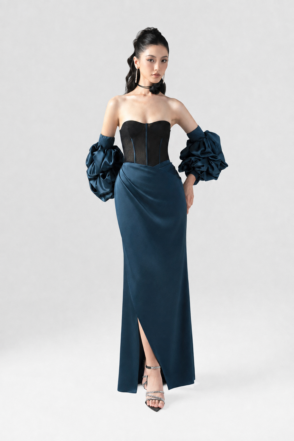 Regalia Black Mesh Corset High Slit Maxi Dress