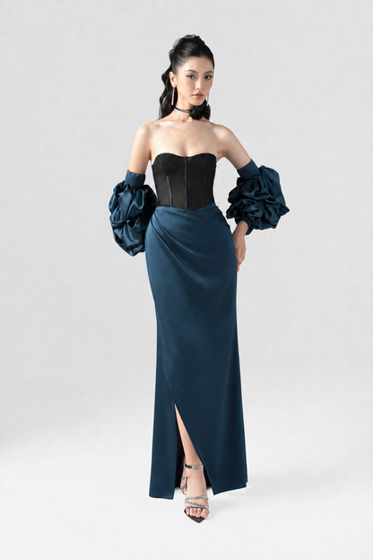 Regalia Black Mesh Corset High Slit Maxi Dress