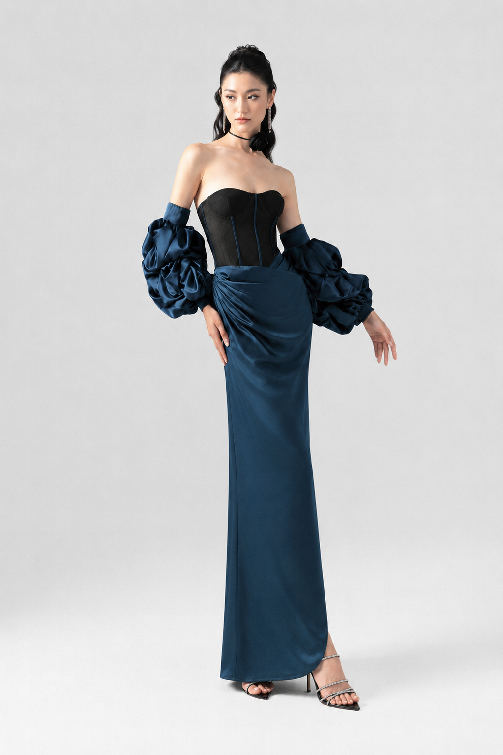 Regalia Black Mesh Corset High Slit Maxi Dress