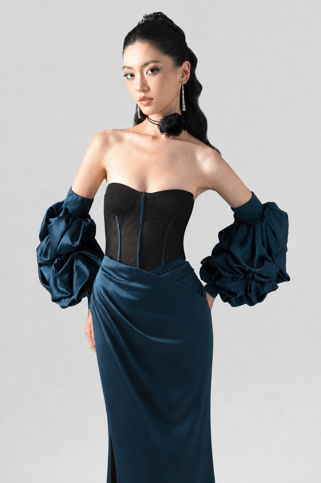 Regalia Black Mesh Corset High Slit Maxi Dress