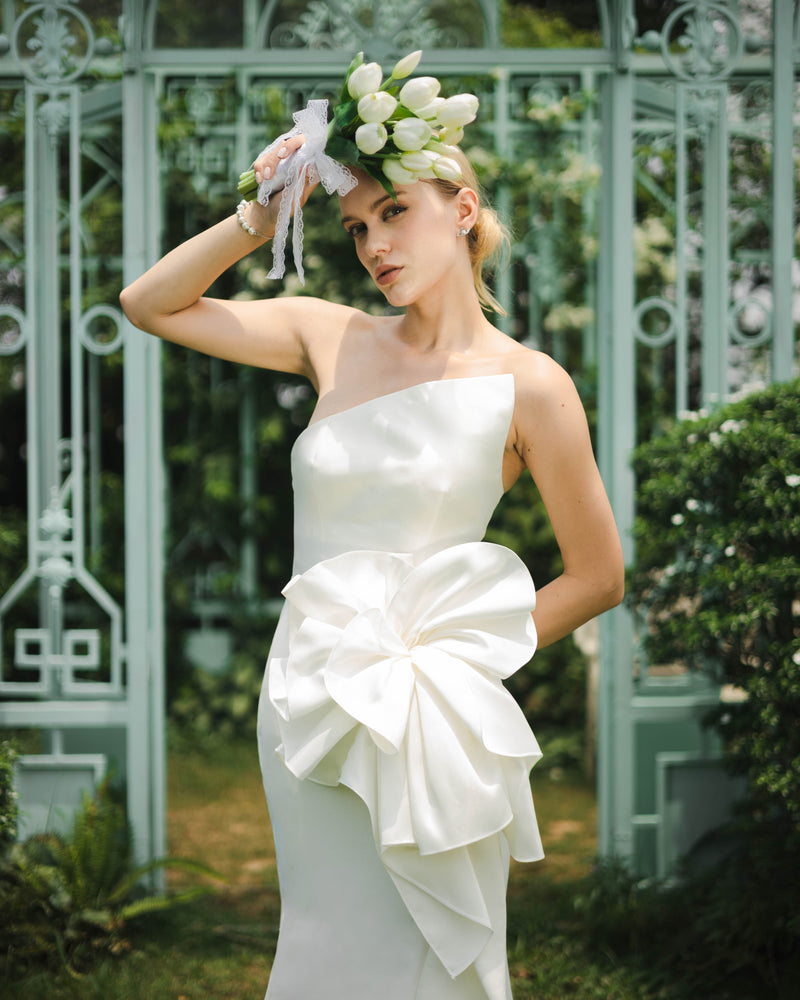 Devotion Acetate Asymmetric Neckline Gown With 3D Oversized Flower