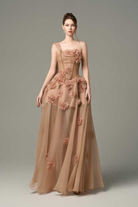 3D Floral Embellished One Shoulder Cape Silk Brown Gown is crafted from a ruffled silk corset with an inner short-layer skirt crafted from rich organza taffeta. 