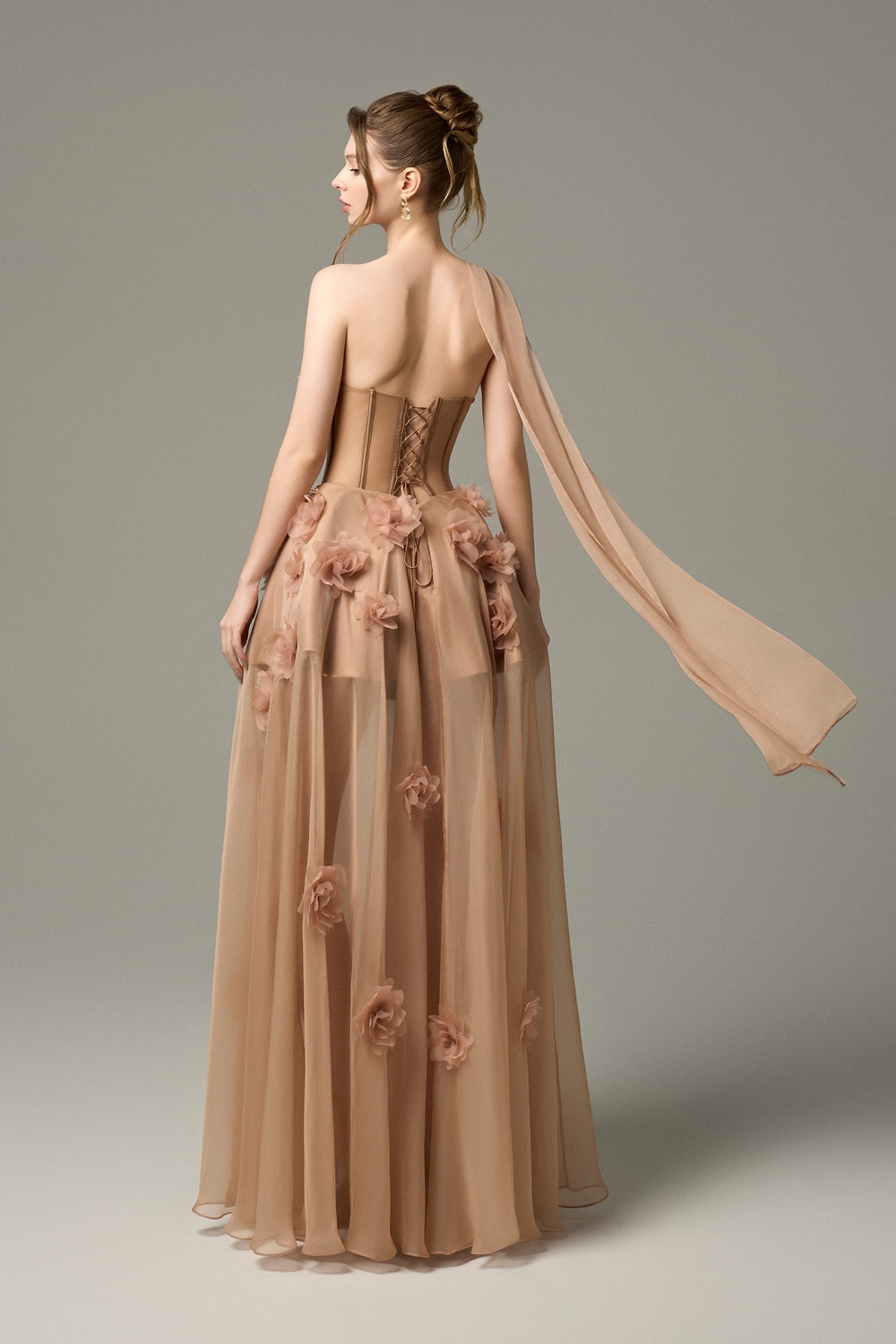 Elowen 3D Floral Embellished One Shoulder Cape Silk Gown