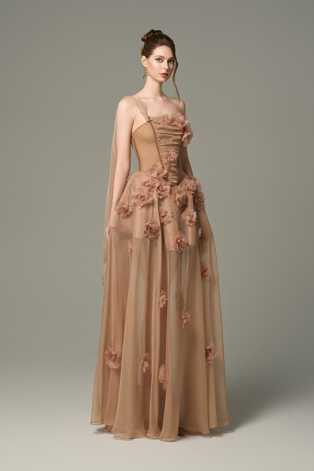 Elowen 3D Floral Embellished One Shoulder Cape Silk Gown