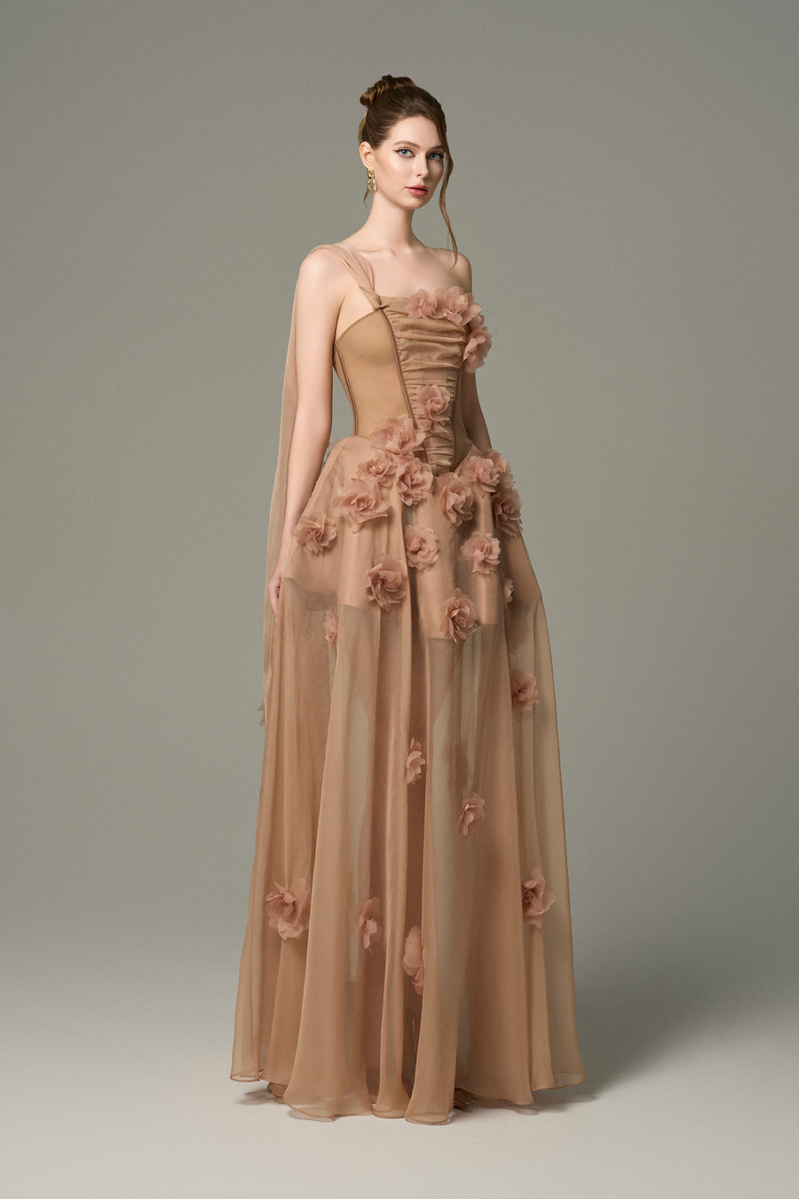 Elowen 3D Floral Embellished One Shoulder Cape Silk Gown