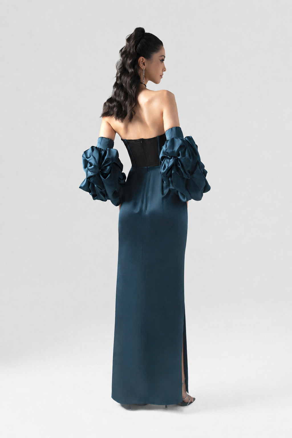 Regalia Black Mesh Corset High Slit Maxi Dress