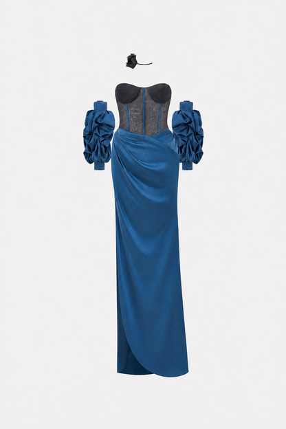 Regalia Black Mesh Corset High Slit Maxi Dress