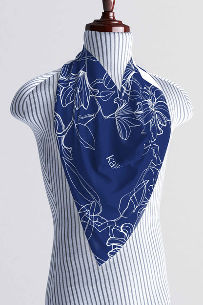 Regal Blue Sketch Floral Silk Scarf
