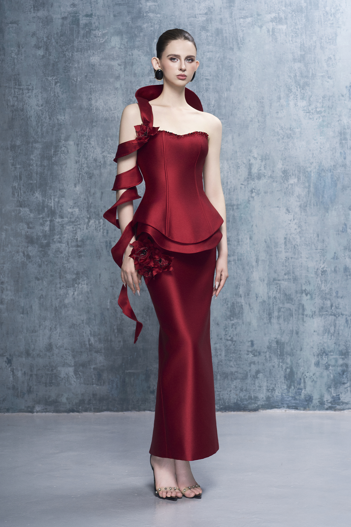 Juliet Strapless 3D Floral Peplum Maxi Dress With Spiral Sleeve Set