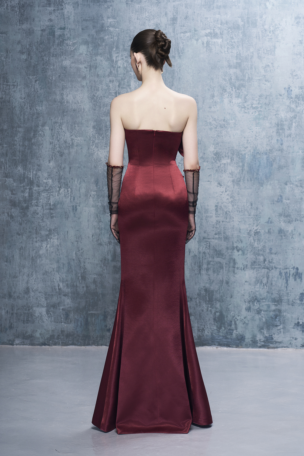 Merlot Bandeau 3D Floral Maxi Dress With Gloves