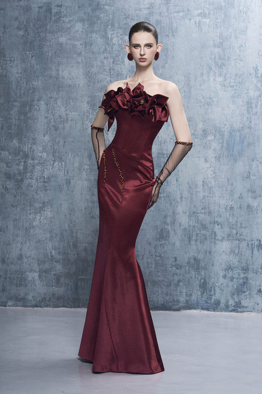 Merlot Bandeau 3D Floral Maxi Dress With Gloves