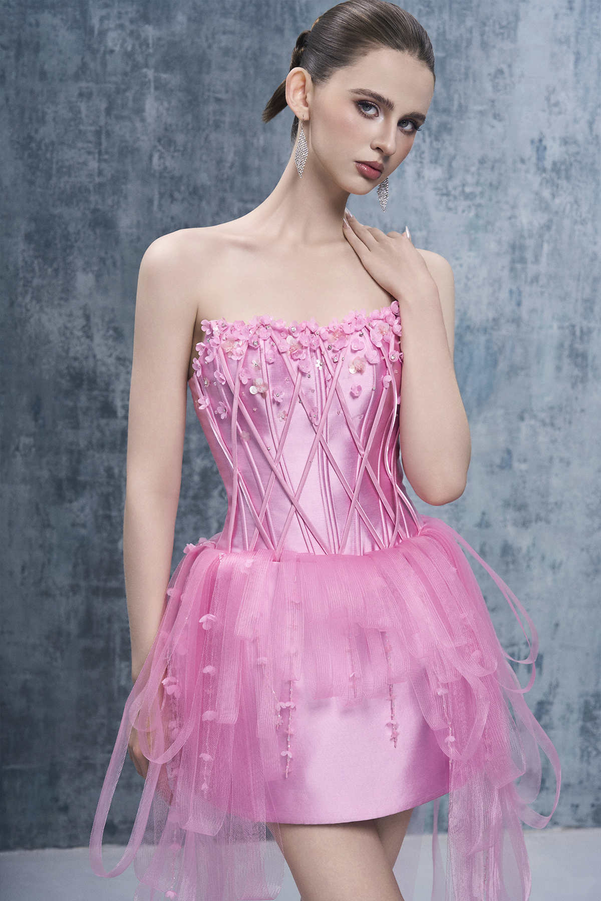 Gina Strapless Floral Embellishments Mini Dress