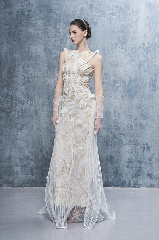 Esther Couture Lace Round-Neck 3D Pleated Plissé Maxi Dress